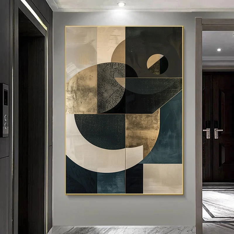 Abstract art piece on a wall in a modern interior setting