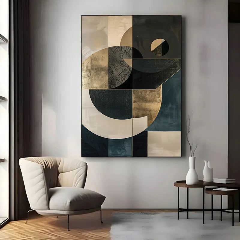 Abstract geometric wall art in a modern living room setting.