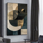 Abstract geometric wall art in a modern living room setting.