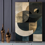 Abstract art piece with geometric shapes on a wall above two decorative vases.