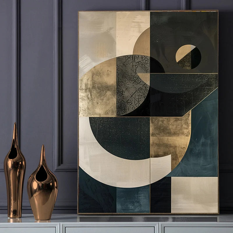 Abstract art piece with geometric shapes on a wall above two decorative vases.