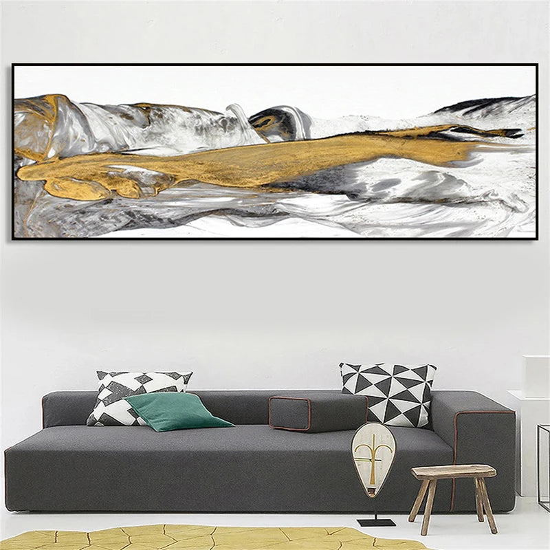 Modern living room with a large abstract painting above a gray sofa.