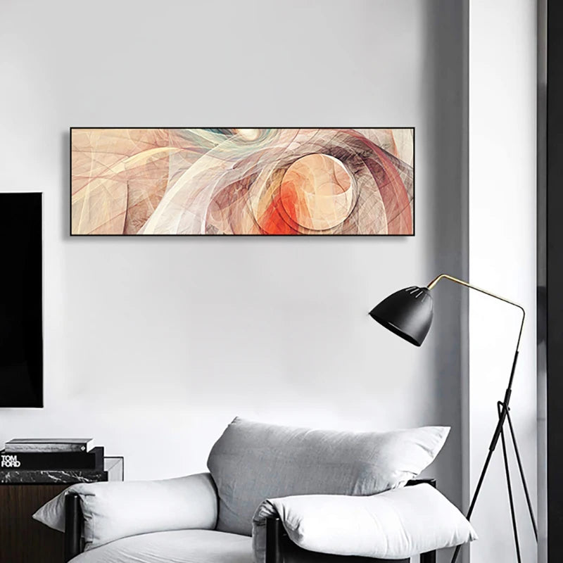 Abstract wall art in a modern living room with a lamp and sofa.