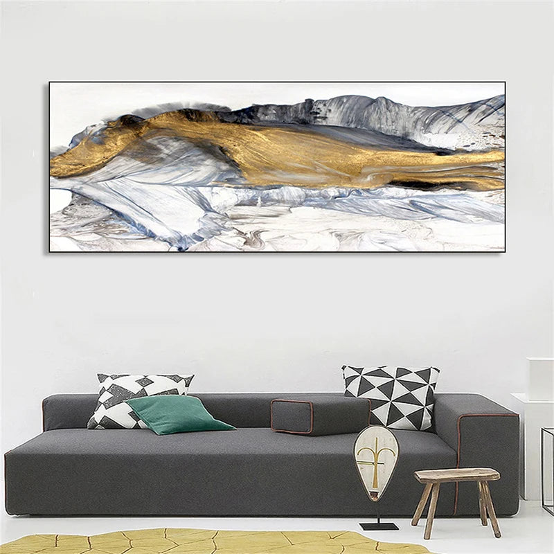 Living room with a large abstract painting above a gray sofa.