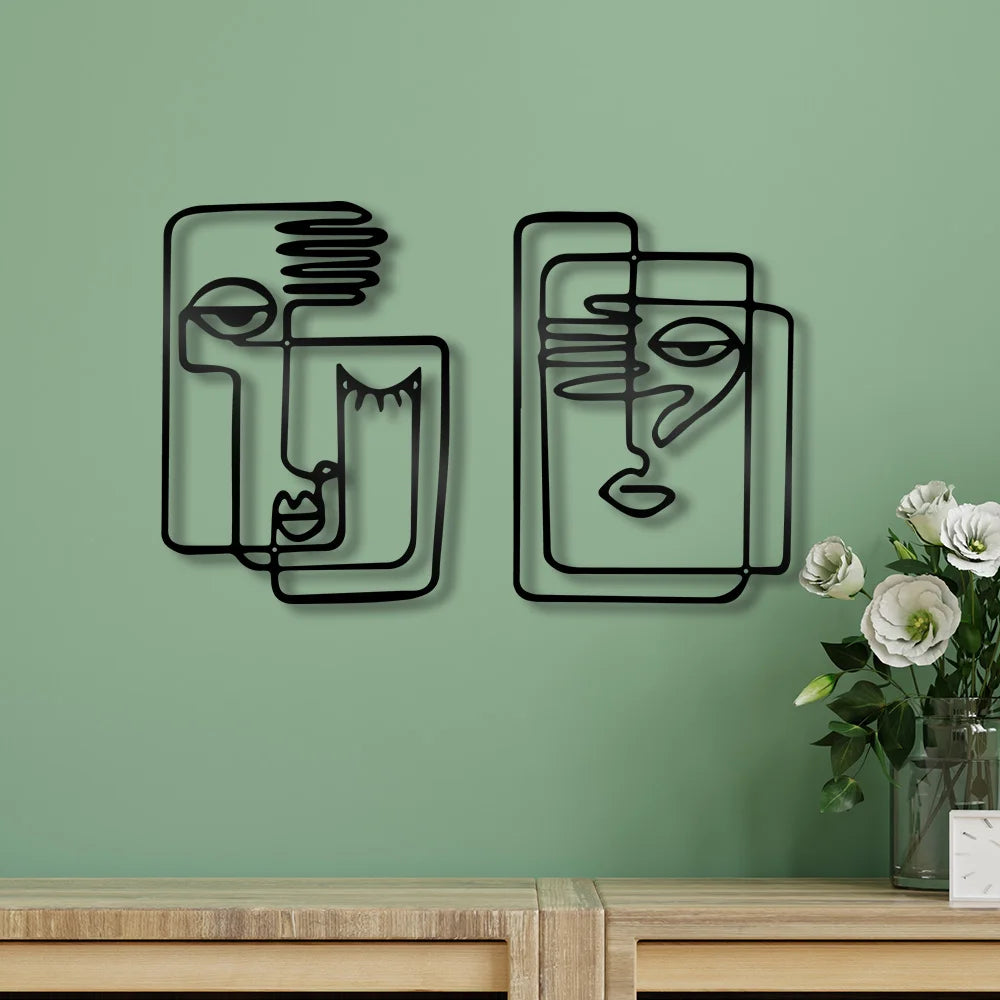 Modern Abstract Face Art Black Metal Wall Art 3d Wrought Iron Crafted Decorative Plaques For Living Room Dining Room Bedroom Art Decor