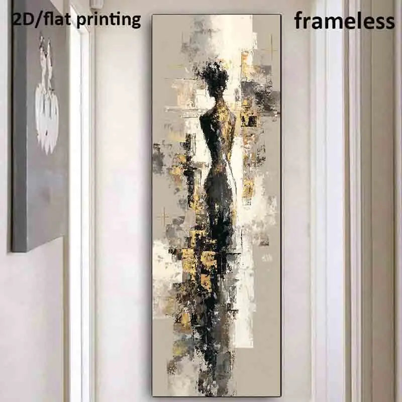 Abstract vertical wall art print featuring a stylized female silhouette in black, gray, white, and gold tones, shown hanging on a light wall with text overlays reading '2D/flat printing' and 'frameless'.