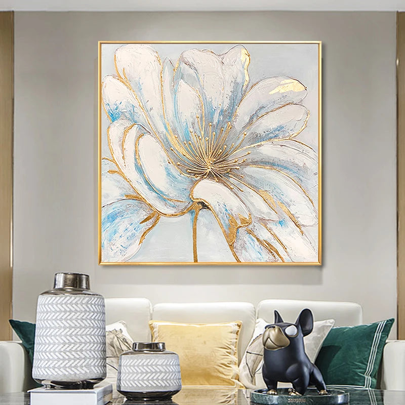 Modern Abstract Floral Wall Art Fine Art Canvas Prints Square Format White Golden Flower Pictures For Living Room Bedroom Art Decor