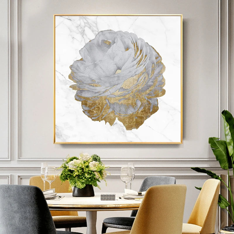 Modern Abstract Floral Wall Art Fine Art Canvas Prints Square Format White Golden Flower Pictures For Living Room Bedroom Art Decor
