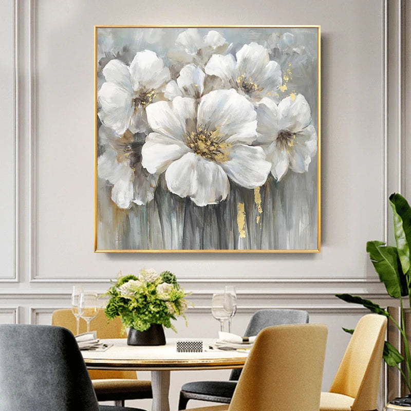 Modern Abstract Floral Wall Art Fine Art Canvas Prints Square Format White Golden Flower Pictures For Living Room Bedroom Art Decor