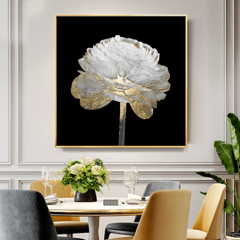 Modern Abstract Floral Wall Art Fine Art Canvas Prints Square Format White Golden Flower Pictures For Living Room Bedroom Art Decor