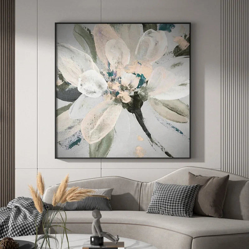 Modern Abstract Floral Wall Art Fine Art Canvas Prints Square Format White Golden Flower Pictures For Living Room Bedroom Art Decor