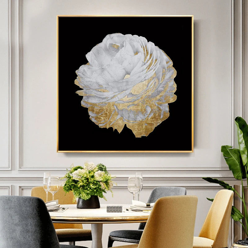 Modern Abstract Floral Wall Art Fine Art Canvas Prints Square Format White Golden Flower Pictures For Living Room Bedroom Art Decor