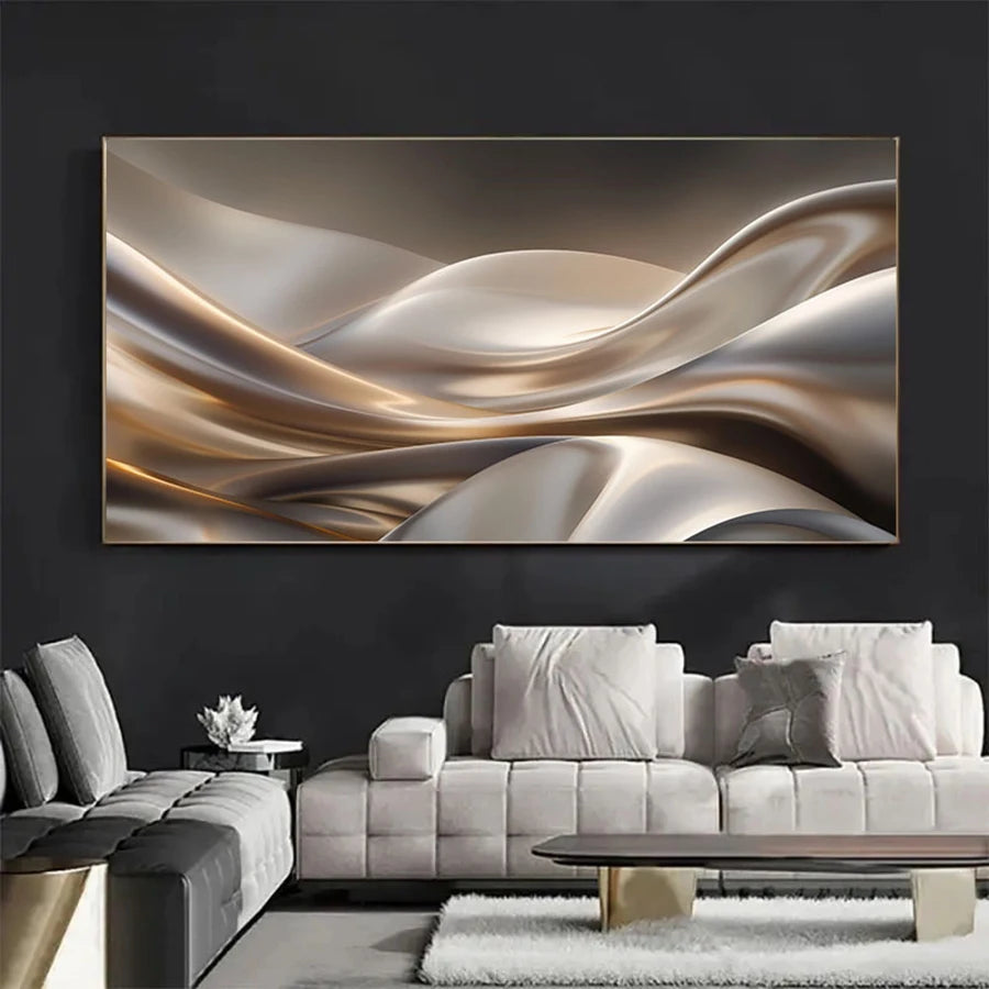 Modern living room with a large abstract painting on the wall.