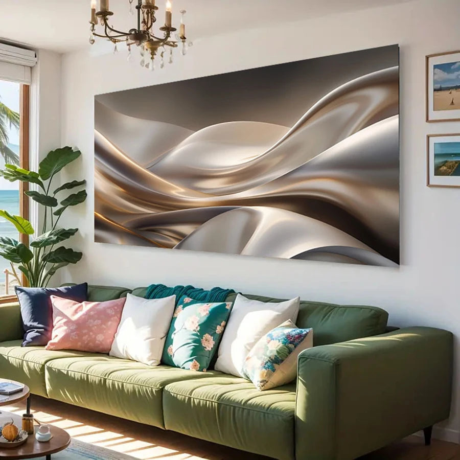 Living room with a green sofa, decorative pillows, and a large abstract painting on the wall.