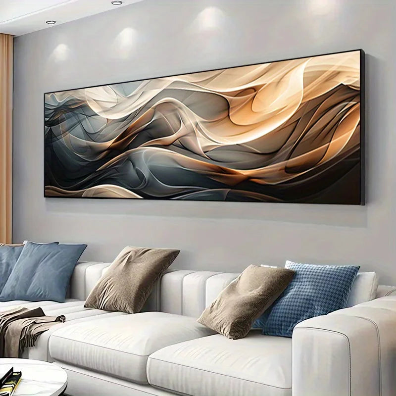 Abstract wall art above a white sofa with colorful cushions in a living room.