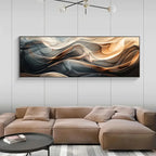Beige sectional sofa in a living room with abstract wall art and a coffee table.