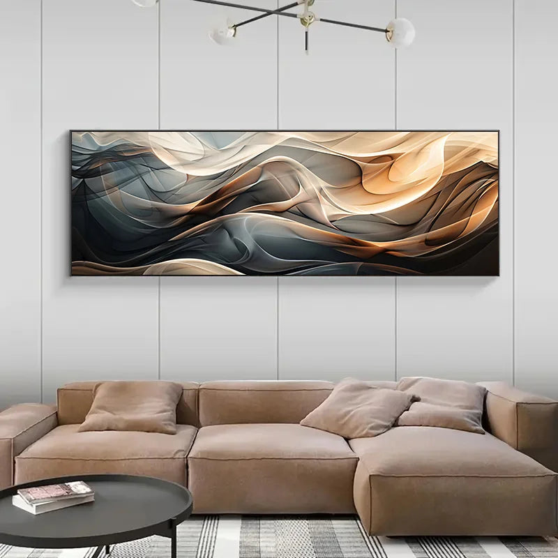 Beige sectional sofa in a living room with abstract wall art and a coffee table.