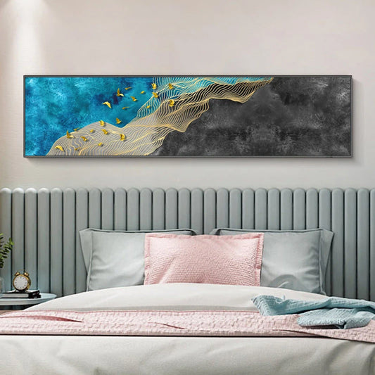 Modern Abstract Golden Birds In The Blue Sky Wide Format Wall Art Fine Art Canvas Prints Picture For Above The Bed Art For Above The Sofa