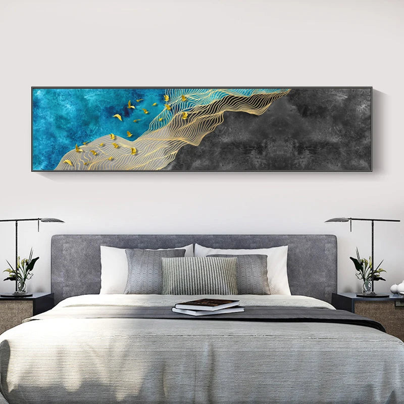 Modern Abstract Golden Birds In The Blue Sky Wide Format Wall Art Fine Art Canvas Prints Picture For Above The Bed Art For Above The Sofa