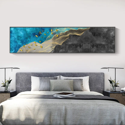Modern Abstract Golden Birds In The Blue Sky Wide Format Wall Art Fine Art Canvas Prints Picture For Above The Bed Art For Above The Sofa