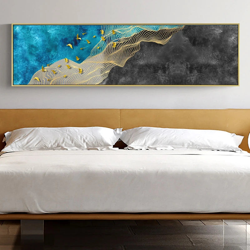 Modern Abstract Golden Birds In The Blue Sky Wide Format Wall Art Fine Art Canvas Prints Picture For Above The Bed Art For Above The Sofa