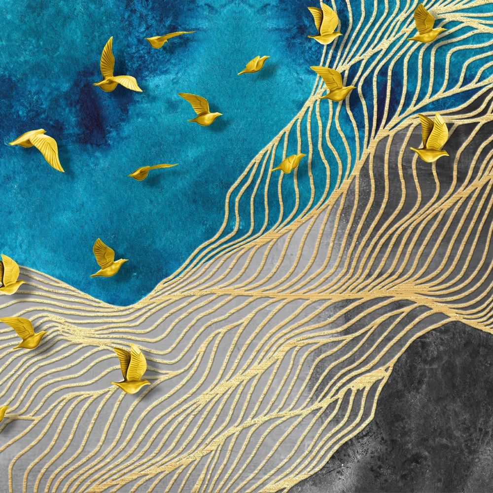 Modern Abstract Golden Birds In The Blue Sky Wide Format Wall Art Fine Art Canvas Prints Picture For Above The Bed Art For Above The Sofa