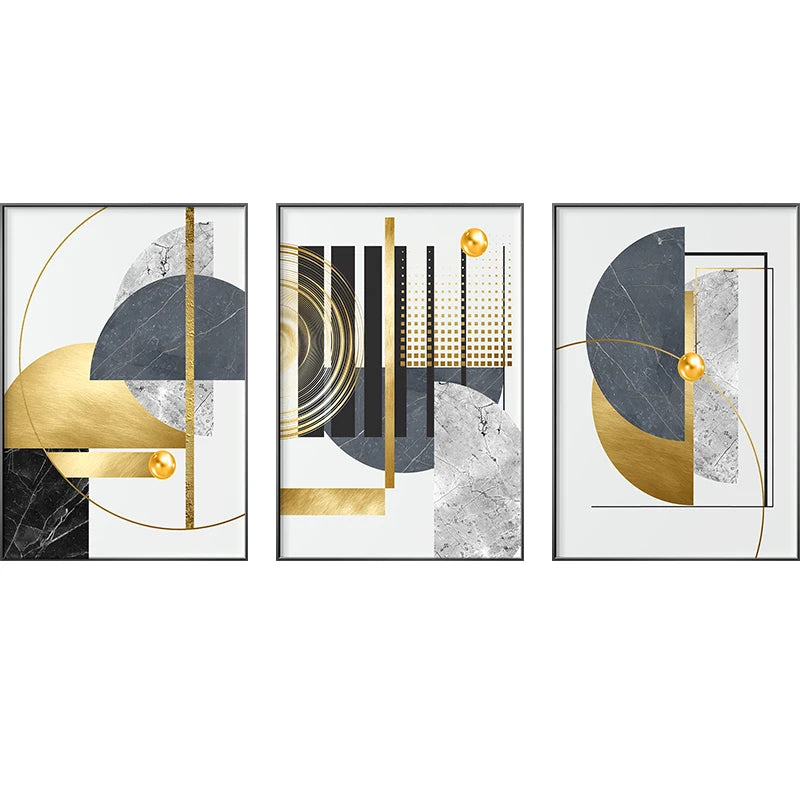 Set of 3Pcs Modern Abstract Golden Geometric Wall Art Fine Art Canvas Prints Contemporary Nordic Style Pictures For Living Room Dining Room Home Office Decor