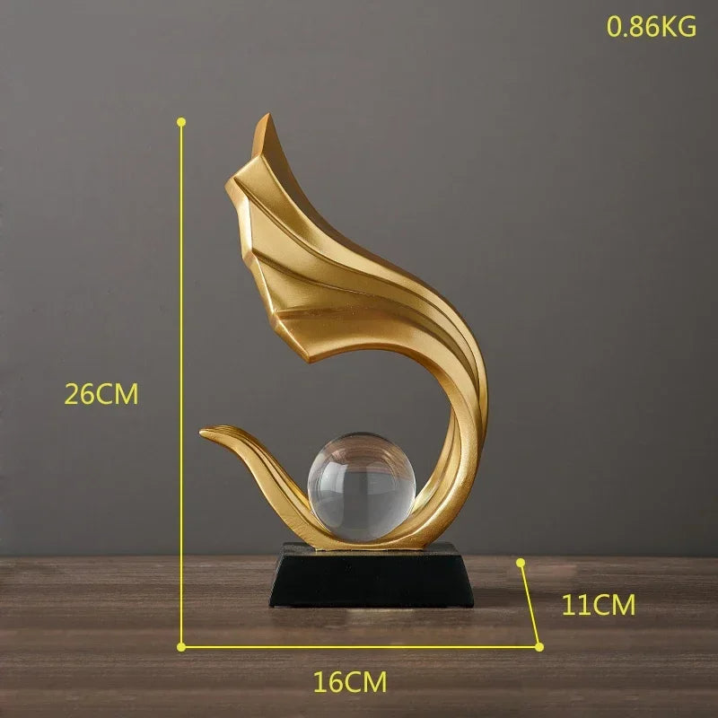 Modern Abstract Golden Light Resin Statue and Crystal Ball Abstract Ornament For Luxurious Living Room Coffee Table and Home Office Desktop Decorations