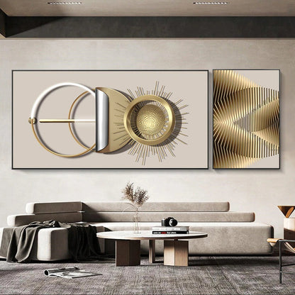 Modern Abstract Golden Sun Moon Wall Art Fine Art Canvas Prints 3d Visual Geometric Pictures For Luxury Loft Penthouse Home Office Decor