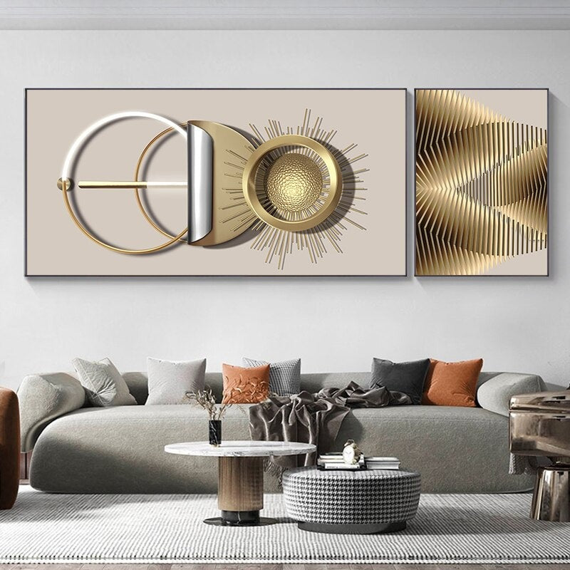 Modern Abstract Golden Sun Moon Wall Art Fine Art Canvas Prints 3d Visual Geometric Pictures For Luxury Loft Penthouse Home Office Decor