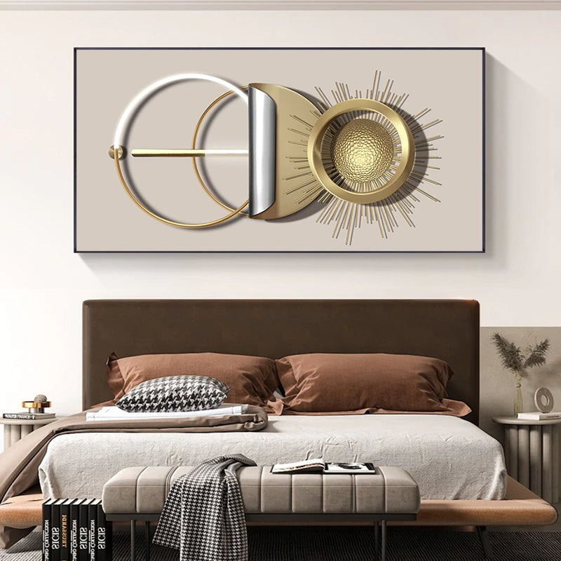 Modern Abstract Golden Sun Moon Wall Art Fine Art Canvas Prints 3d Visual Geometric Pictures For Luxury Loft Penthouse Home Office Decor