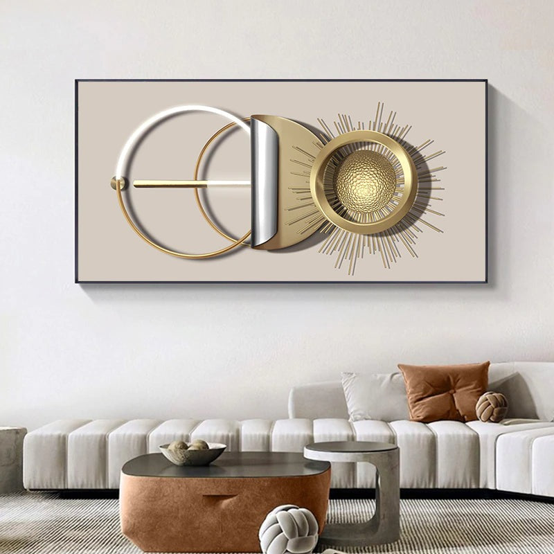Modern Abstract Golden Sun Moon Wall Art Fine Art Canvas Prints 3d Visual Geometric Pictures For Luxury Loft Penthouse Home Office Decor