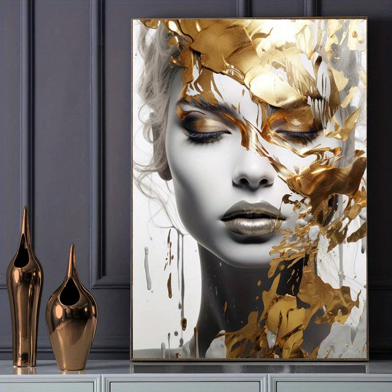 Abstract art piece with a woman's face and gold leaf on a dark surface