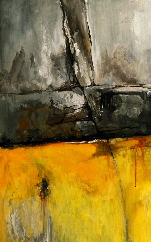 Abstract painting with gray, black, and yellow colors