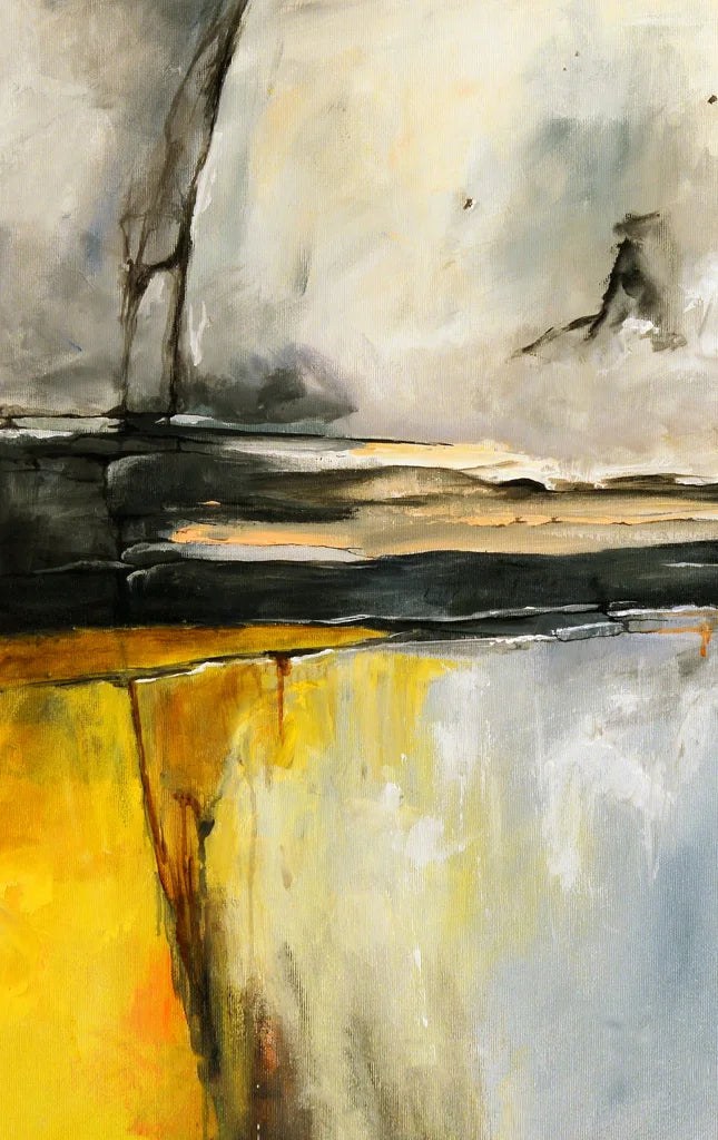 Abstract art with a mix of yellow, black, and gray colors.