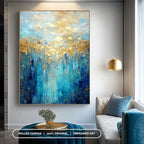 Modern Abstract * Hand Painted * Blue Golden Shimmering Sunset Abstract Oil Painting Wall Art Handmade Picture For Living Room Entryway Foyer Art
