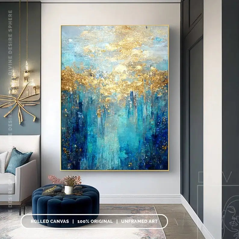 Abstract painting with blue and gold tones in a modern living room setting.