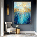 Abstract art painting in a modern interior setting with a chair and side table.