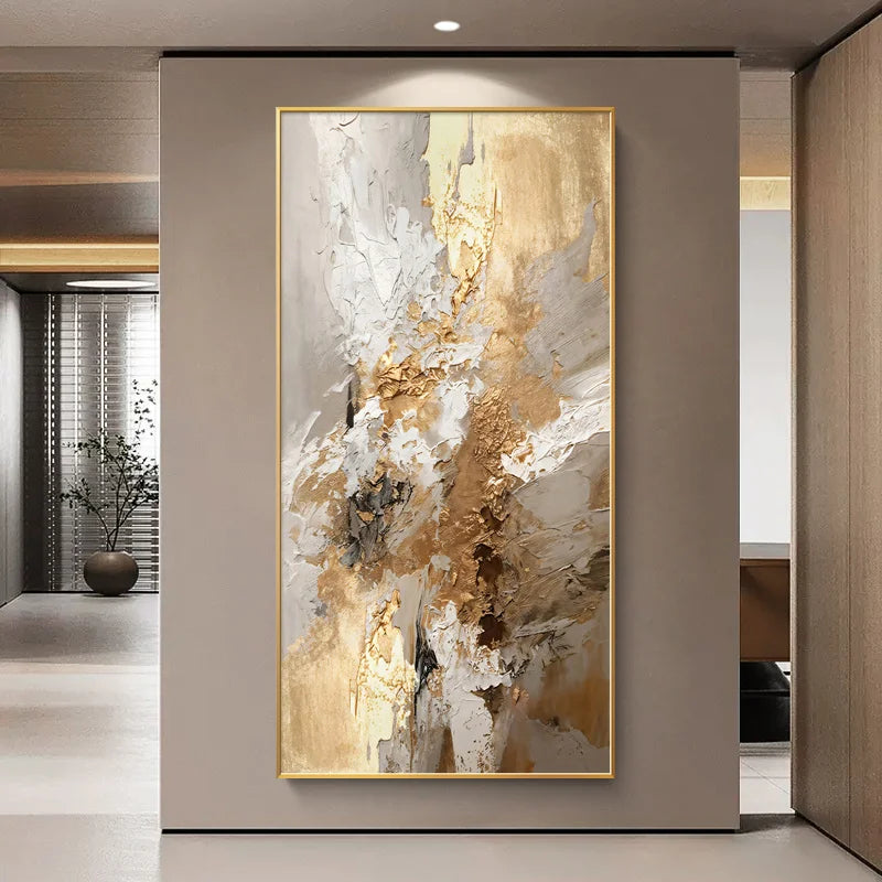 Abstract art painting with gold and white tones in a modern interior setting.