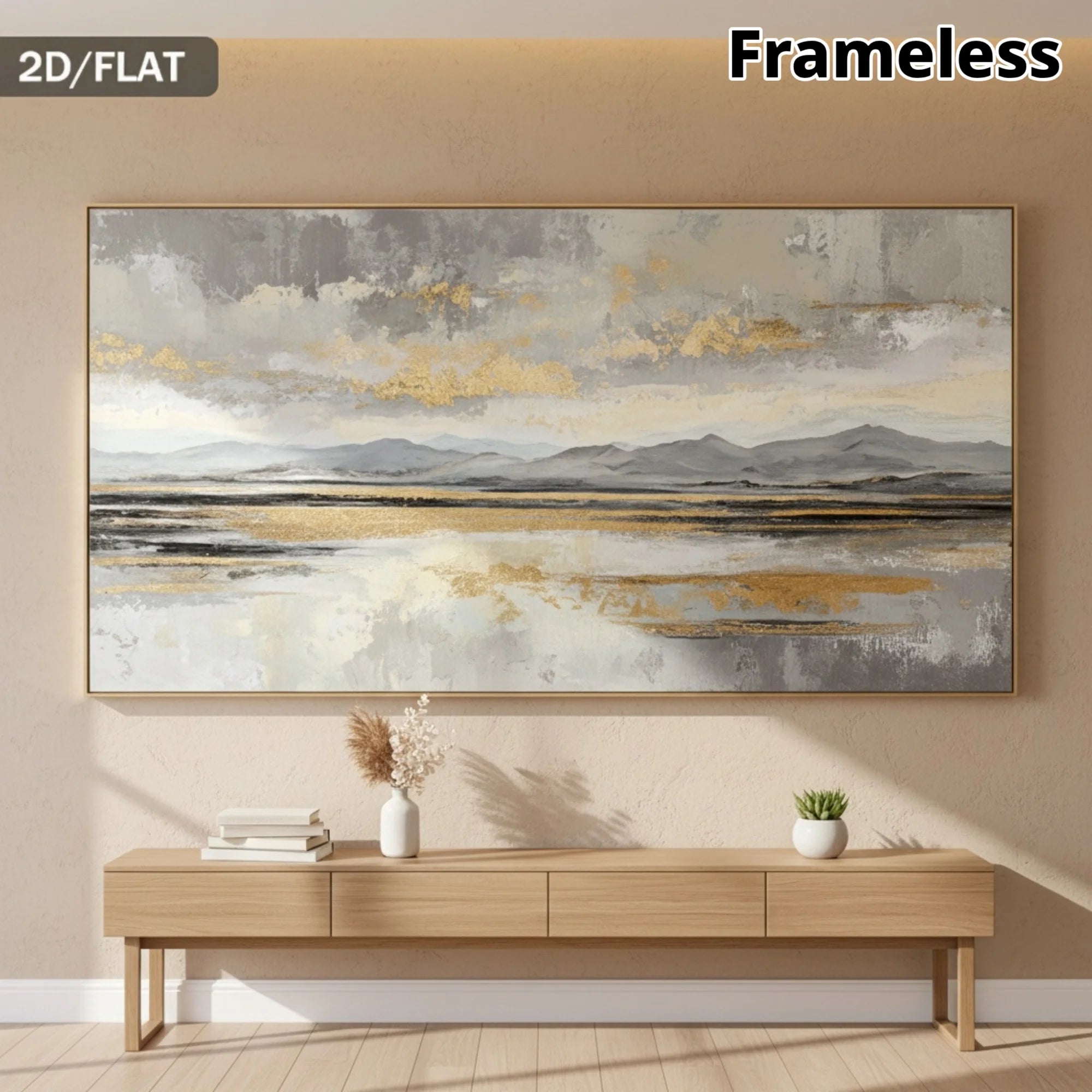 A large canvas wall art print featuring an abstract landscape with mountains, water, and golden brushstrokes, displayed on a beige wall above a light wood console table with decorative items.