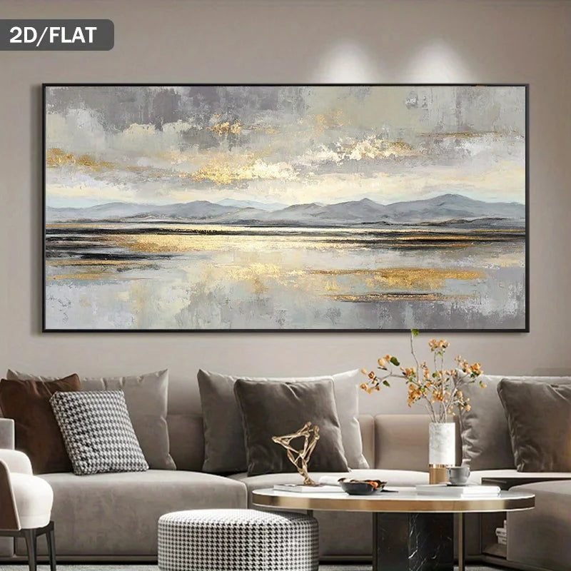 A large abstract landscape painting with gray, beige, and gold tones hangs above a beige sofa in a modern living room setting.