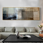 Modern living room with a large abstract painting above a sofa and coffee table.