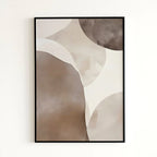 Abstract art print with wavy shapes in brown and beige tones on a white background