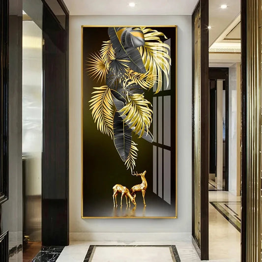 Modern Abstract Tropical Golden Leaves Wall Art Fine Art Canvas Prints Vertical Format Pictures For Entranceway Foyer Reception Room Light Luxury Auspicious Home Decor