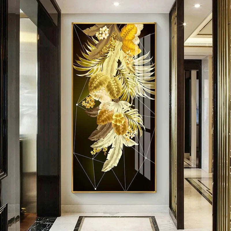 Modern Abstract Tropical Golden Leaves Wall Art Fine Art Canvas Prints Vertical Format Pictures For Entranceway Foyer Reception Room Light Luxury Auspicious Home Decor