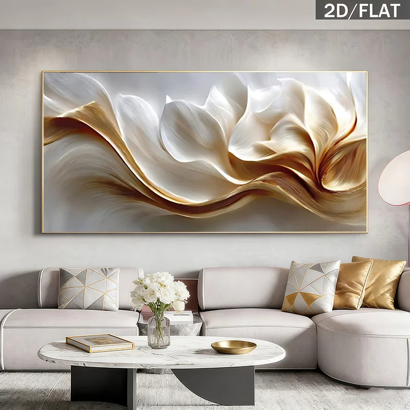 Modern Abstract Wave Floral Wall Art Fine Art Canvas Print in Soft White Cream and Golden Hues for Luxury Minimalist Home Decor