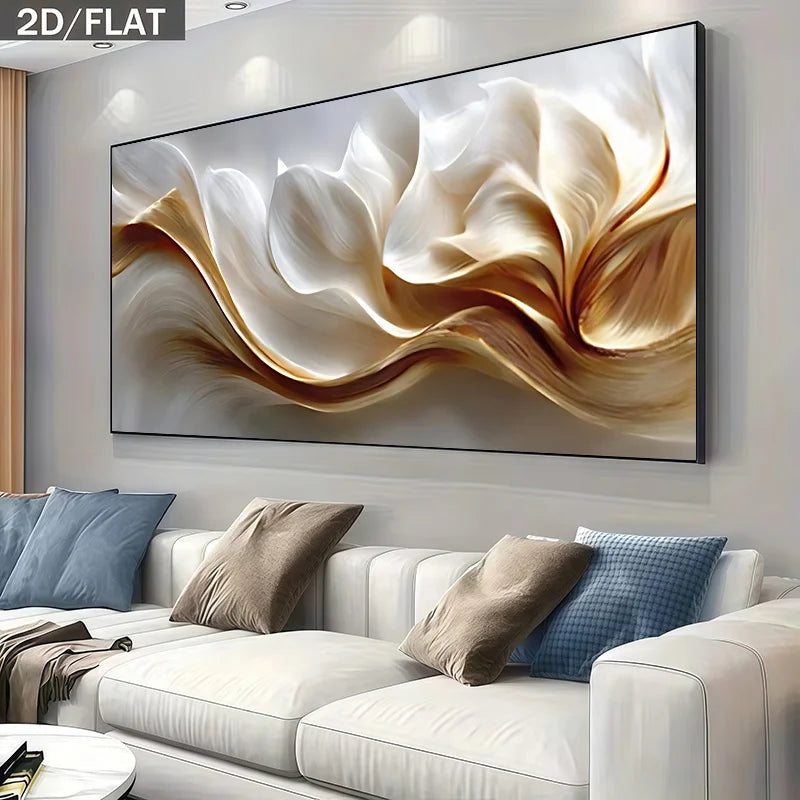 Abstract wall art above a white sofa with colorful cushions in a living room.