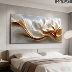 Abstract art painting on a wall above a bed in a bedroom