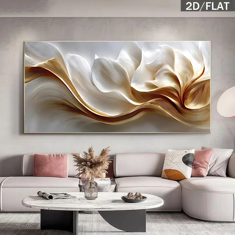 Living room with a large abstract painting on the wall above a sofa.
