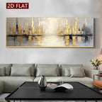 Modern Abstract Wide Format Cityscape Wall Art Fine Art Canvas Print – Golden Grey Skyline Landscape Artwork for Contemporary Living Room Decor